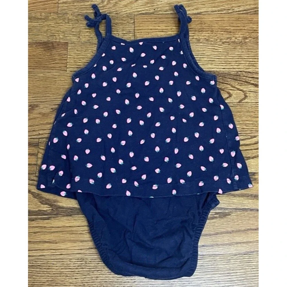 Carter's Strawberry Pink Cotton AOP Romper Ruffle Smocked Baby Girl 12 Months